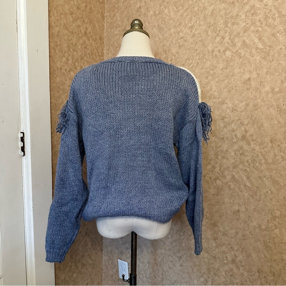 VTG 80s 90s Blue Floral Fringe Chunky Knit Sweater - Picture 3 of 8